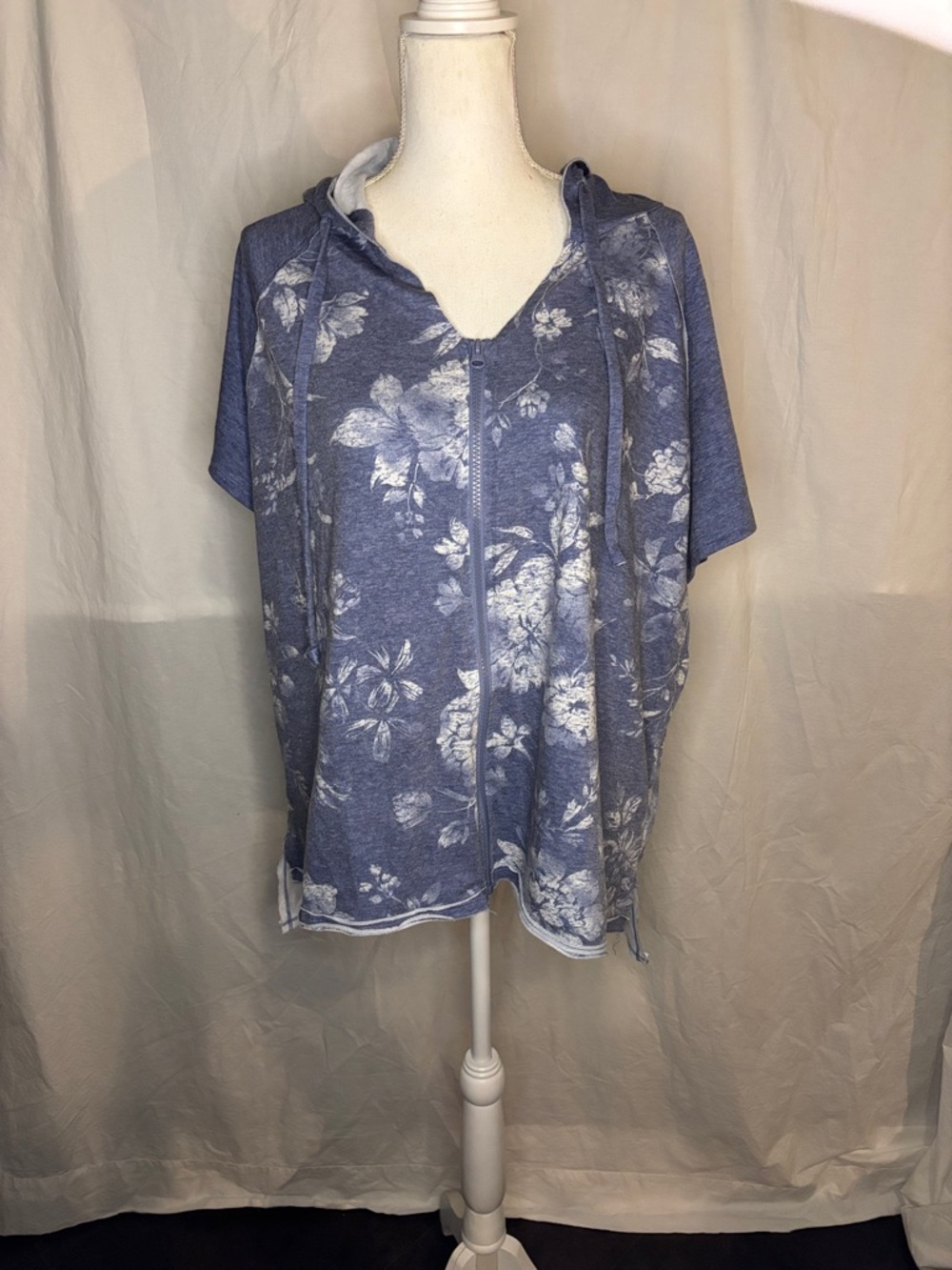 Floral Zip Front Blue Hoodie Sweatshirt